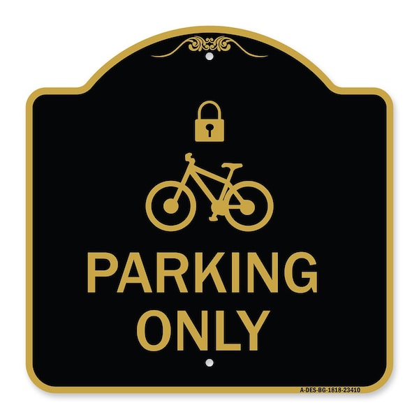 Parking With Cycle and Lock, Black & Gold Aluminum Architectural Sign, 18" x 18", BG-1818-23410